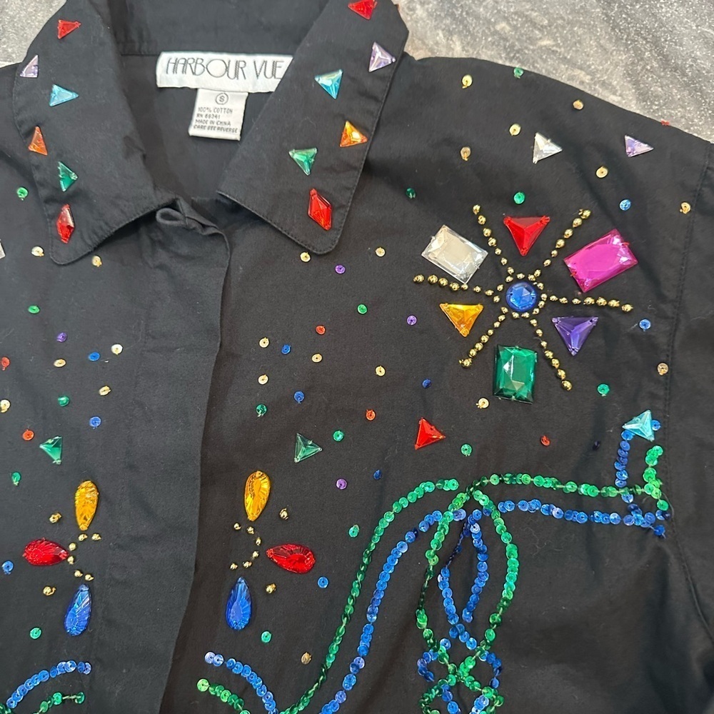 Vintage Harbour Vue Black Western Shirt with Rhinestones and Gems Size S - Picture 4 of 6